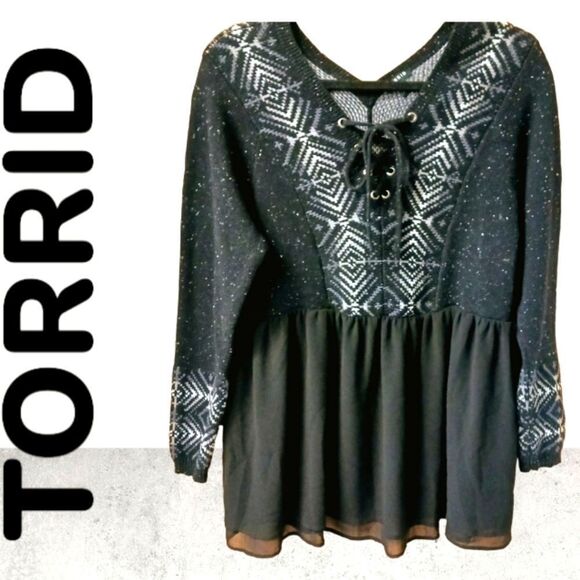 TORRID New Plus Size Black Lace-Up Chiffon Peplum Sweater 1X - Picture 2 of 14